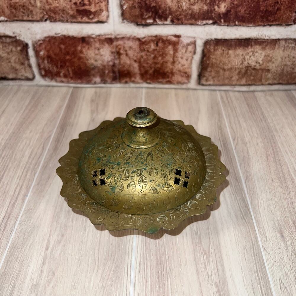 WoW Vintage Brass Incense Burner With Artistic Cutouts Delicate Floral Etchings